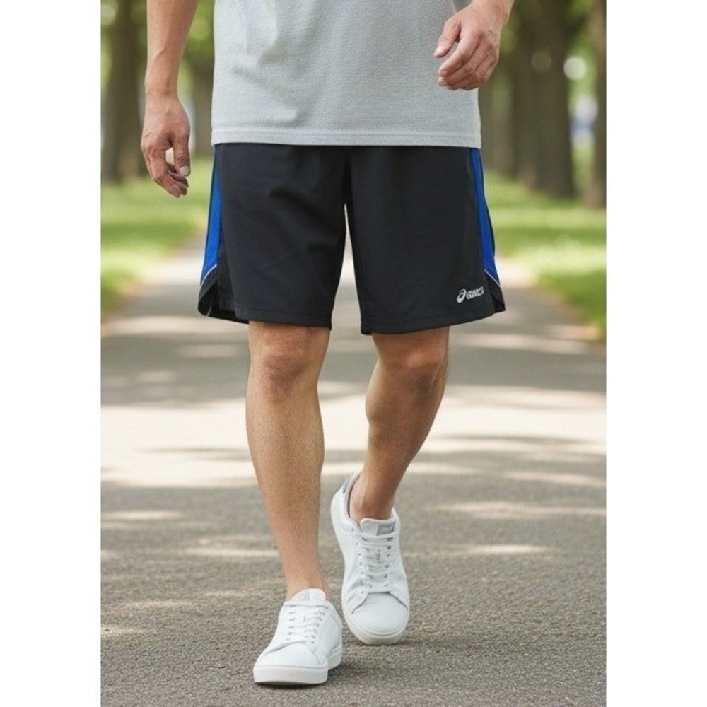 Asics Mens M Athletic Running‎ Gym Shorts Black Blue Back Zipper Pocket Lined